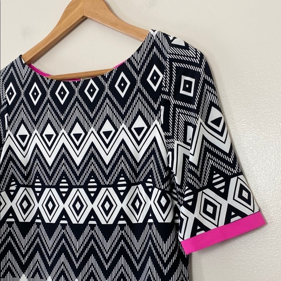 Eliza J Black White Geometric Shift Dress Pink Trim Size 10 Career Work Sheath - Picture 6 of 13